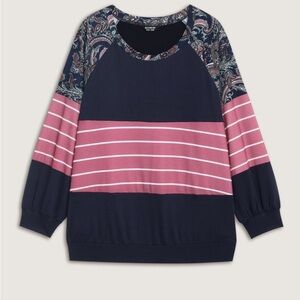 Women’s Navy and Pink Long Sleeve Patterned Top Plus 28W